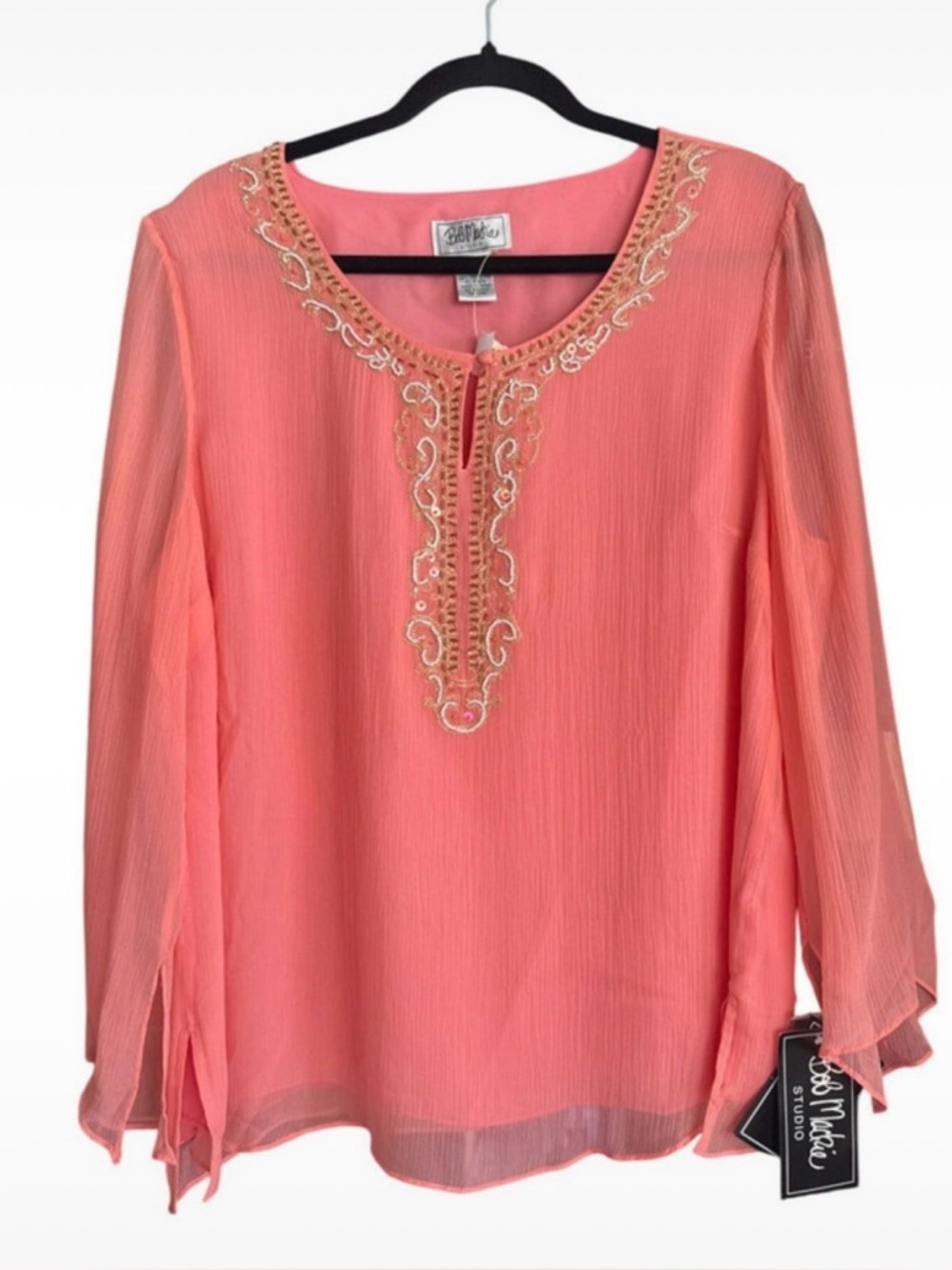 Bob Mackie Studio Coral Embroidered Sheer Blouse Silk Lined Size 16 NWT